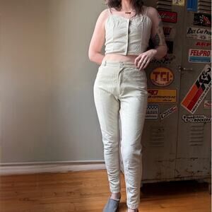 Vintage 90s Leather Set | Beige Two Piece Set | Corset Top + Hi-Waist Pants | M